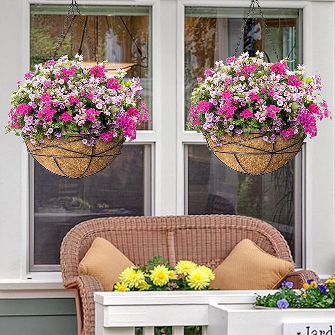 4 Pack 14 Inch Hanging Flower Baskets for Outdoor Plants Large Metal Wire Planters with Coco Liner Pot for Home Planting Black Watering Plant Holders for Outside Garden