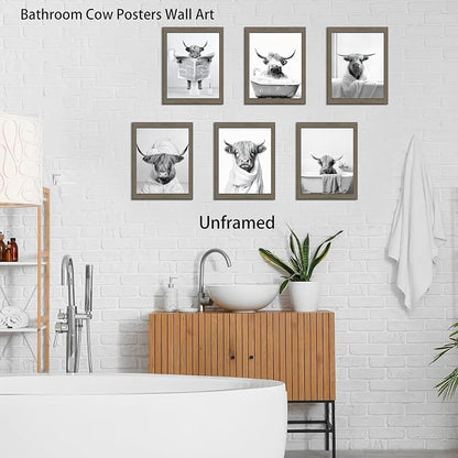 SEHSUVC Funny Bathroom Cow Posters Wall Art Set of 9, Vintage Black and White - Image 7