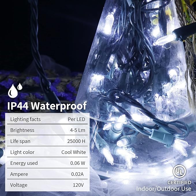 MULTI-SPARKING White Christmas LED Lights - 100 Count Cool White Holiday String Lights for Tree, Party, Wedding, Indoor and Outdoor Use, 33 Feet Green Wire, UL Certified, Connectable