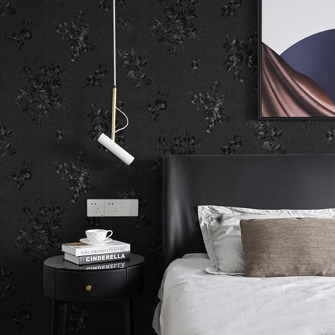 Black Peel and Stick Wallpaper Silk Embossed Floral Contact Paper - Image 6
