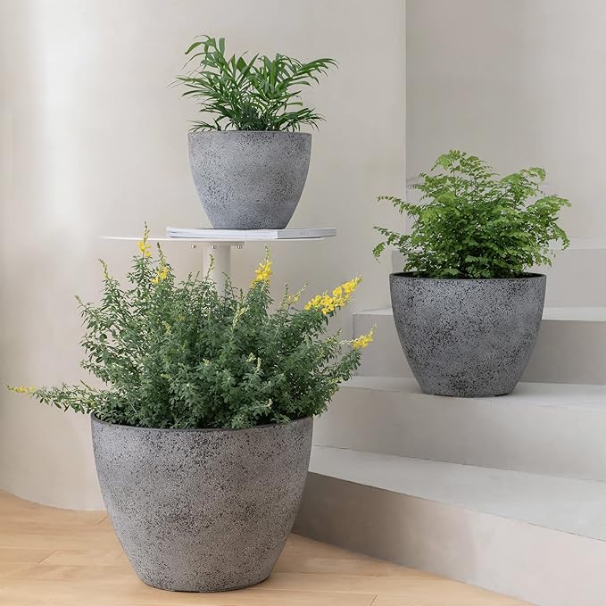 LA JOLIE MUSE 14.2/11.3/8.6 Inch Planters,Set of 3 Indoor/Outdoor Round Planters,Grey Tree Planters,Plant Container with Drain Holes,Flower Pots for Patio and Deck