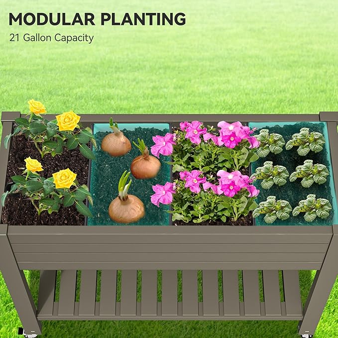 YITAHOME 3.6x1.5x2.8 FT Elevated Garden Bed Kit with Legs and Wheels, Outdoor Large Resin Planter Box Stand with Drain Plug and Storage Shelf for Plants Vegetables Fruits, Light Brown