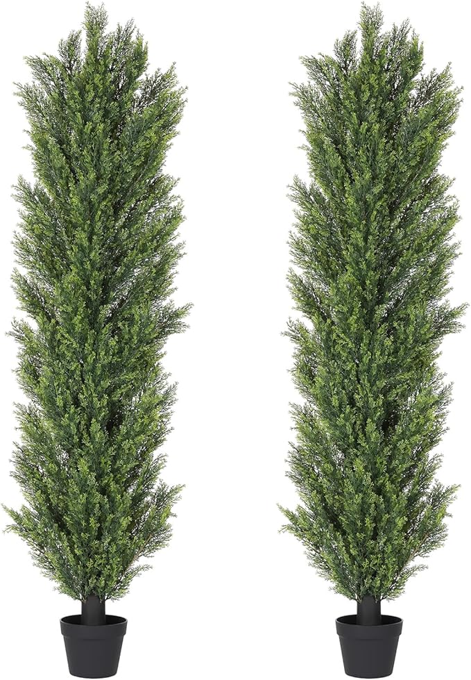 THE BLOOM TIMES 6ft Tall Topiary Trees Artificial Outdoor – UV Resistant Faux Cedar Pine Cypress Bushes and Shrubs, Fake Potted Plants for Front Porch Outside Planter Patio Decor, Set of 2 (6 Foot)
