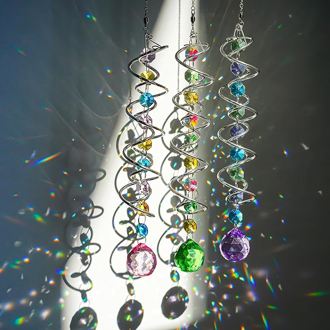 H&D HYALINE & DORA Set of 3 Crystal Sun Catcher for Window Hanging Double-Spiral Gazing Ball Spiral Tail Rainbow Maker Wind Spinners Outdoor for Garden, Patio, Porch, Christmas