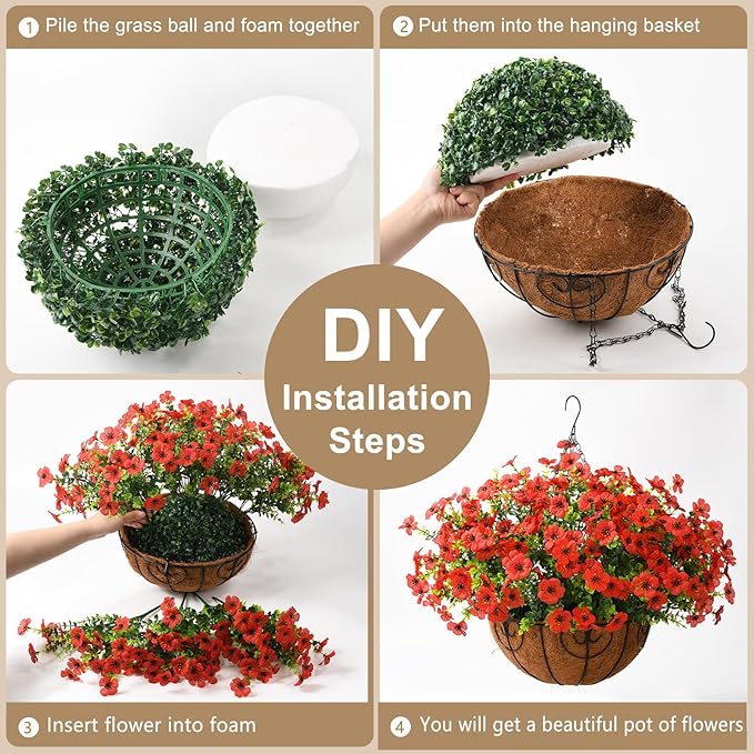 Artificial Faux Hanging Plants Flowers Basket Outdoor Porch Garden Spring Decoration, Fake Silk Daisy in Planter Realistic UV Resistant for Outside Home Patio Balcony Yard(Red)