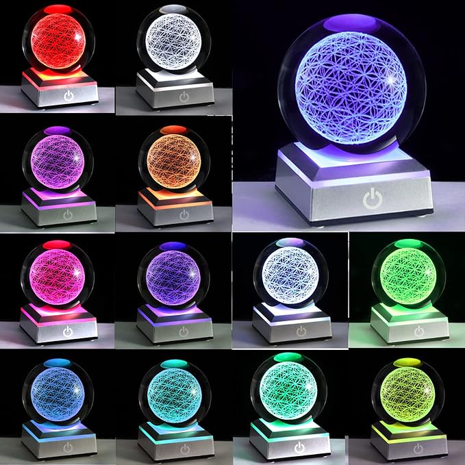 Qianwei Flower of Life Crystal Sphere with Led Colorful Lighting Touch Base, Sacred Geometry Crystal Ball Starlight Magic, Feng Shui Decor Laser Engraved Seek of Flower Inside A Sphere