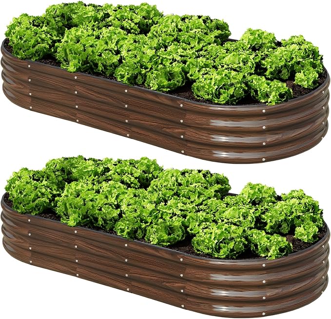 SnugNiture 2 Pcs 6x3x1ft Raised Garden Bed Kit, Outdoor Oval Metal Garden Planter, Ground Planter Box for Gardening Vegetables Flowers, Brown