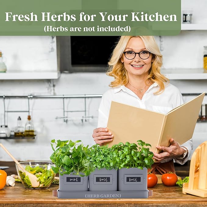 PERFNIQUE Indoor Herb Garden, Herb Garden Planter Set with Tray, Farmhouse Indoor Plant Pots, Windowsill Herb Garden with Drainage(Planter only) for Indoor/Outdoor, Window Pots(Grey)