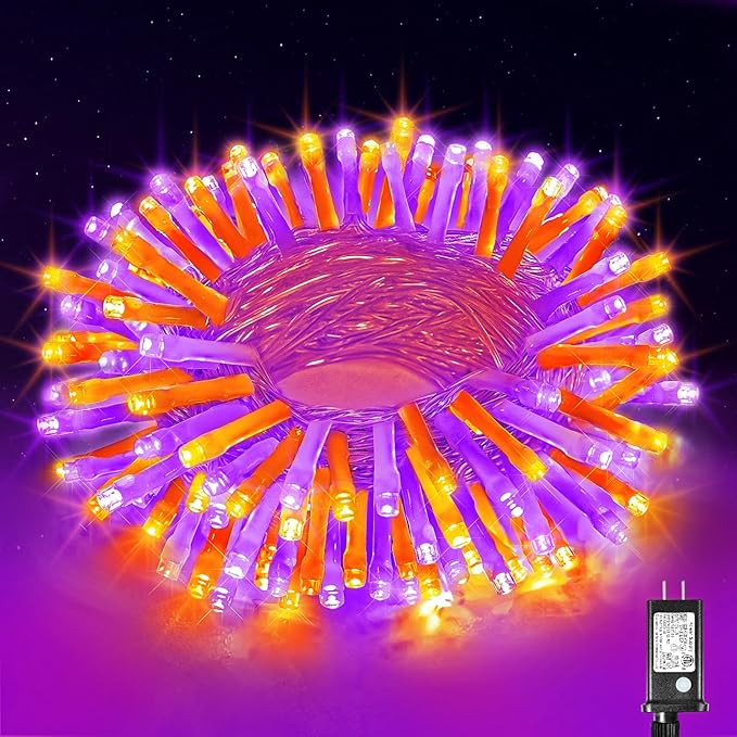 100 LED Halloween Lights Outdoor, 33ft Halloweem String Lights Indoor Clear Wire 8 Modes Waterproof Plug in Twinkle Fairy Lights with Timer Memory for Room Tree Party Decorations, Purple&Orange