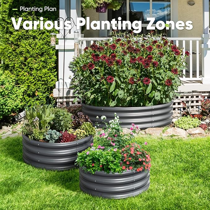 KING BIRD Raised Garden Bed Galvanized Round Planter Box Outdoor for Gardening, Plants, Vegetables, Flowers, Dark Grey, 47x47x12 in