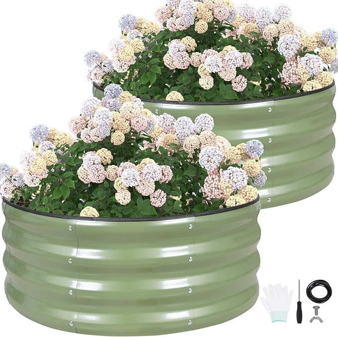 G GOOD GAIN Round Raised Garden Bed - 2Pcs 3x3x1ft Galvanized Steel Planter Boxes Outdoor with Rubber Edge Trim | Metal Raised Beds for Gardening Vegetables Flowers Fruits Herbs (Olive Green)