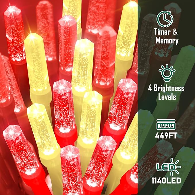 Heceltt 1140 LED 449 FT String Lights Outdoor, 8 Modes Christmas Lights Plug in, IP44 Waterproof Led String Lights with Timer and Memory for Xmas Yard Party Decorations (Red and Warm White)