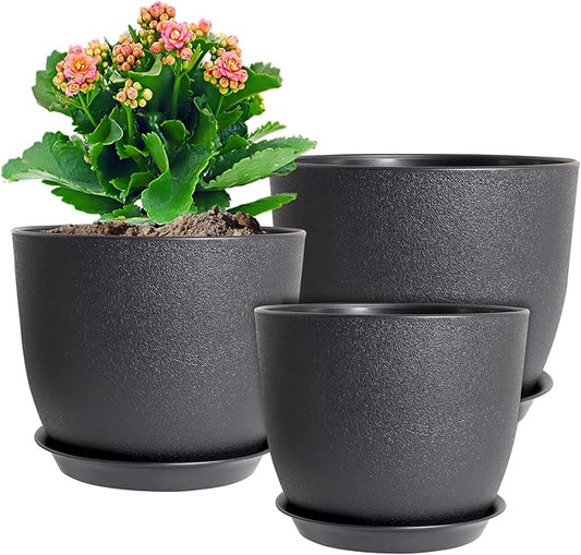 12/10/9 inch Big Flower Pots, 3 Pack Modern Decorative Plastic Planters with Drainage Holes and Tray, Plant Pots for Indoor Outdoor Plants, Black