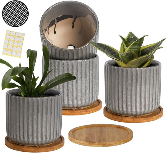 5.25 Inch Ceramic Plant Pots with Drainage Holes and Trays, Vertical Stripes Planter Pot with Saucers for Indoor Flowers, Succulent, Snake Plants, Cactus & Herbs, Grey-Green, Set of 4