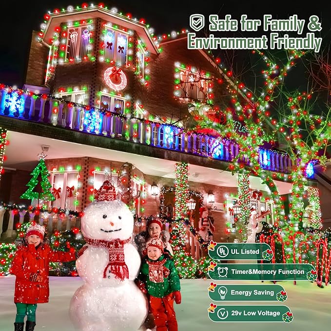 Heceltt 1140 LED 449 FT String Lights Outdoor, 8 Modes Christmas Lights Plug in, IP44 Waterproof Led String Lights with Timer and Memory for Home Party Tree Decorations (Red Green and White)