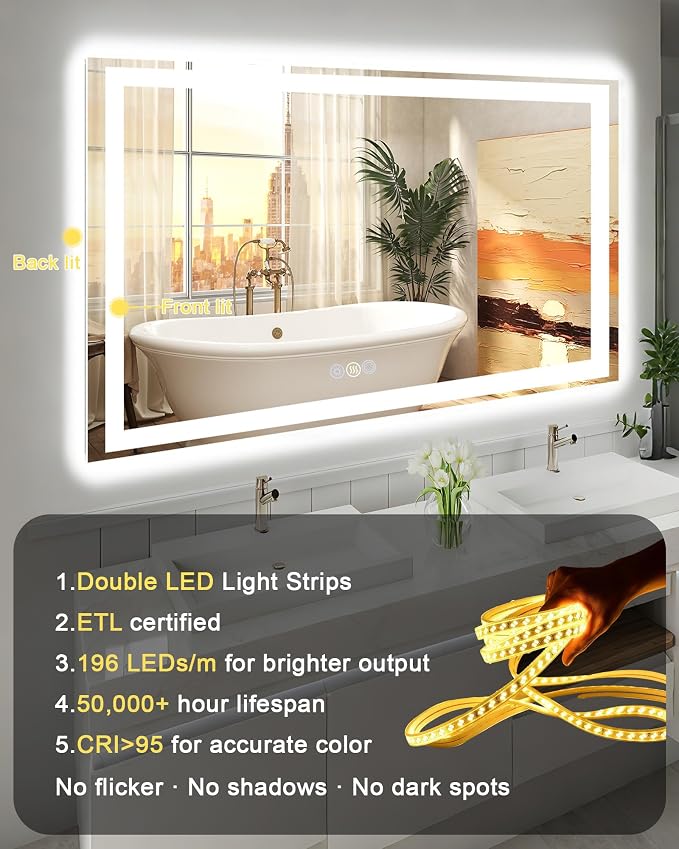 40x32 LED Bathroom Mirror with Lights, Super Bright Front & Backlit Vanity - Image 8