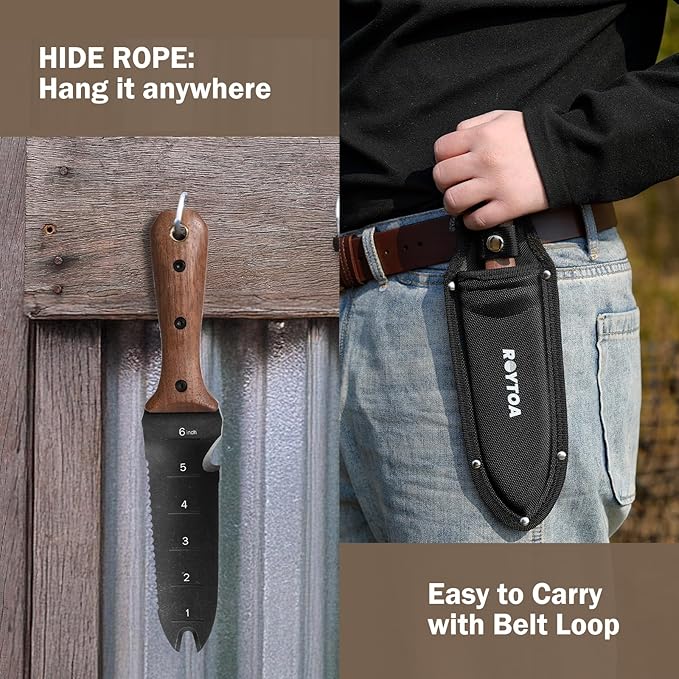 Hori Hori Garden Knife, Garden Tools with Sheath for Weeding,Planting,Digging, 7" Stainless Steel Blade with Cutting Edge, Full-Tang Wood Handle with Hanging Hole
