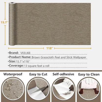 VEELIKE 15.7''x118'' Taupe Grasscloth Wallpaper Peel and Stick Textured Faux - Image 9