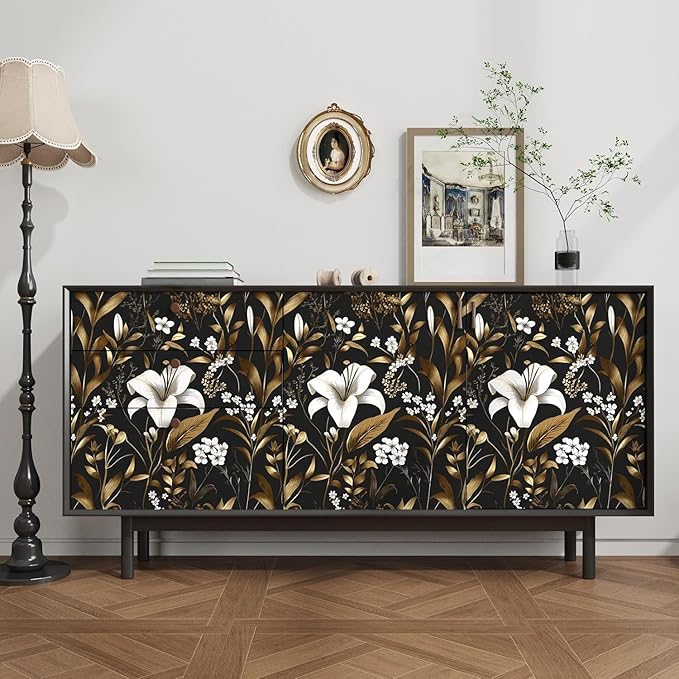 Laatse Black Gold Wallpaper Peel and Stick, Dark White Floral Vintage Contact - Image 3