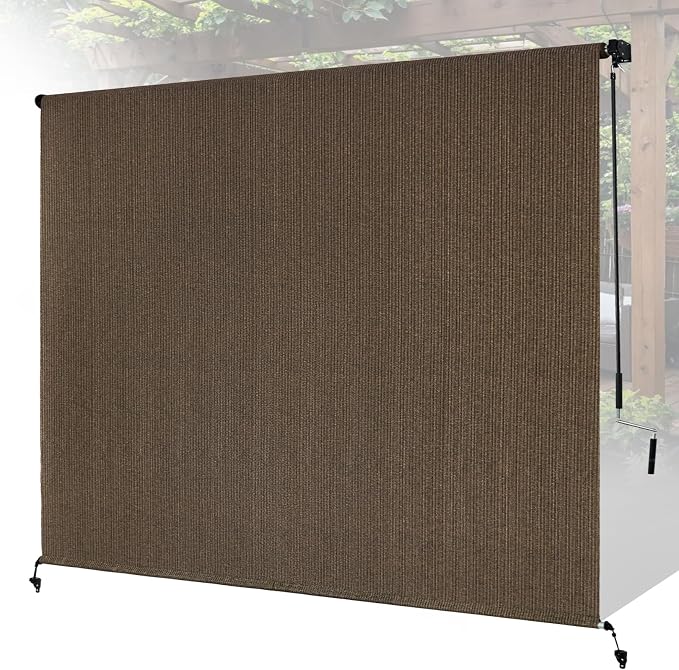 6'W x 8'H Mocha Patio Shades Roll up Outdoor Roller Shade Crank Wand Blind by Unknown