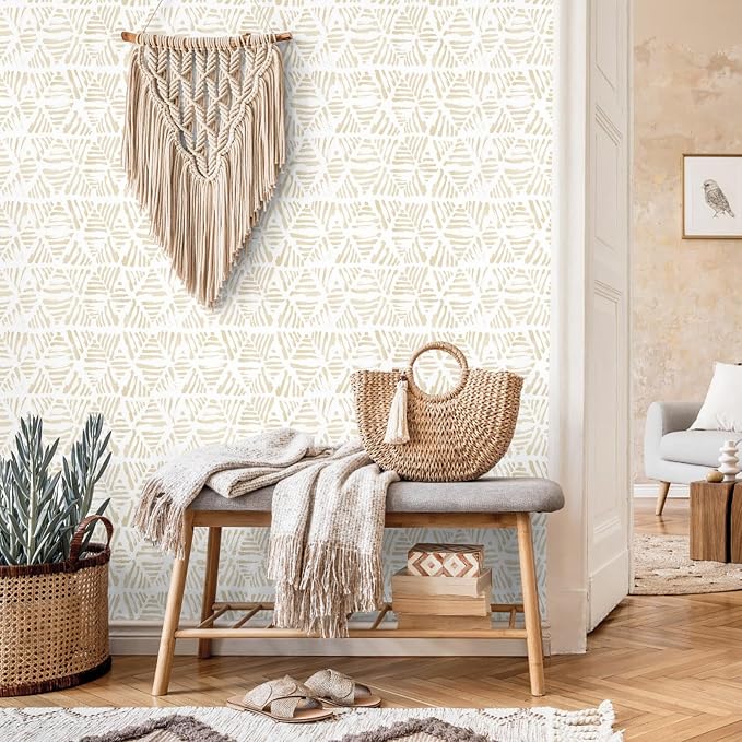 Peel and Stick Wallpaper Boho Wall Paper Geometric Beige and White Contact - Image 5