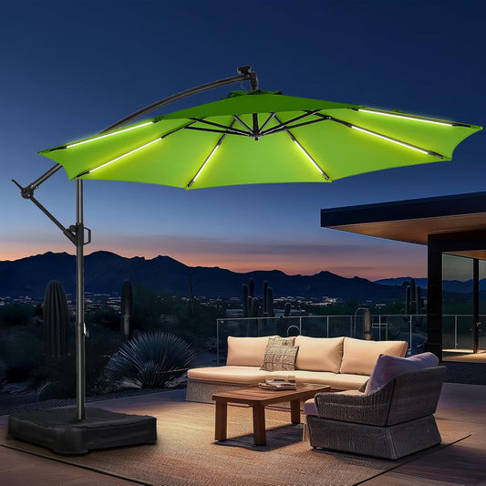 HOMSHADE 10ft Solar Lights Offset Cantilever Patio Umbrella - with Light and Base, LED Lighted Offset Hanging Patio Outdoor Market Umbrella UPF50+ UV Protection with Easy Tilt and Crank (Green)
