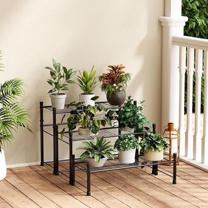 New England Stories Outdoor Plant Stand, 3-Tier Metal Plant Rack, Heavy Duty and Waterproof Plant Shelf, Stackable Tall Flower Pot Holder for Garden Display Rack, Black