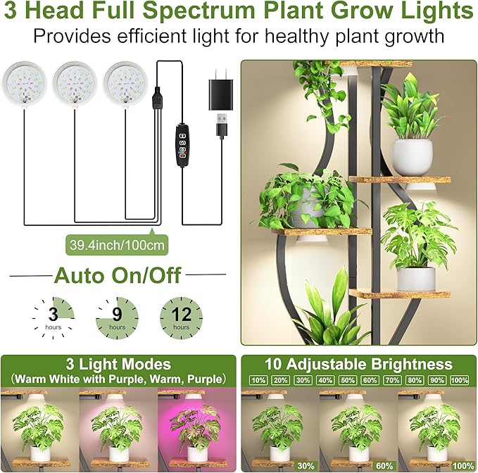Plant Stand Indoor with Grow Lights, 7 Tier Tall Metal Plant Shelf for Multiple Plants, 55″ Lighted Plants Shelves Corner Flower Holder, Vase Shape Plant Display Rack for Home Living Room Patio