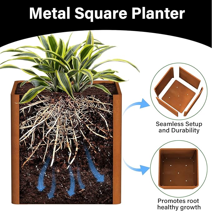Corten Steel Planter Box 24" L x 24" W x 24" H,Large Metal Square Planter for Outdoor Plants,Metal Cube Flower Pot with Drainage Hole for Porch Hotel Patio Yard