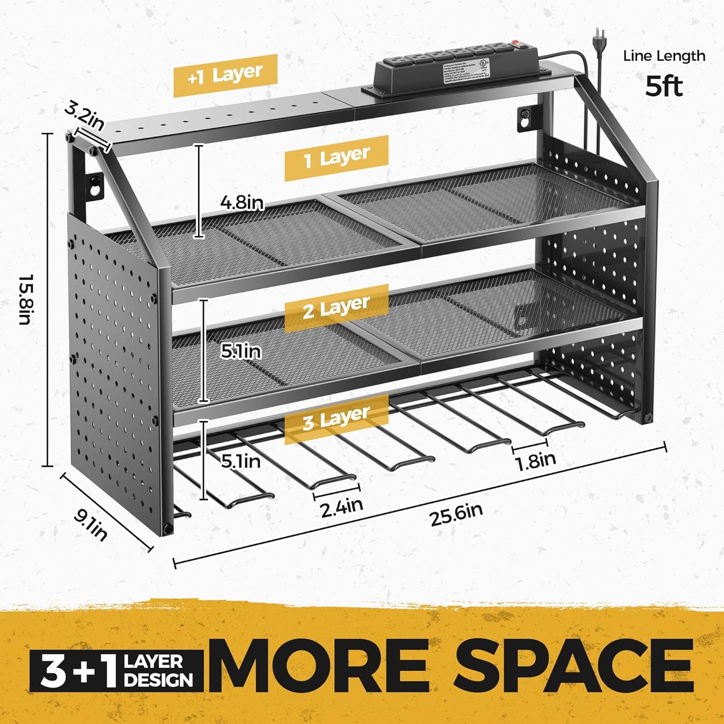 LBT 4 Layer Power Tool Organizer Wall Mount With Charging Station, Patented, 6 Outlet Power Strip, 6 Drill Holder, Heavy Duty Metal Garage Tool Storage Rack, Gifts For Men Fathers Day