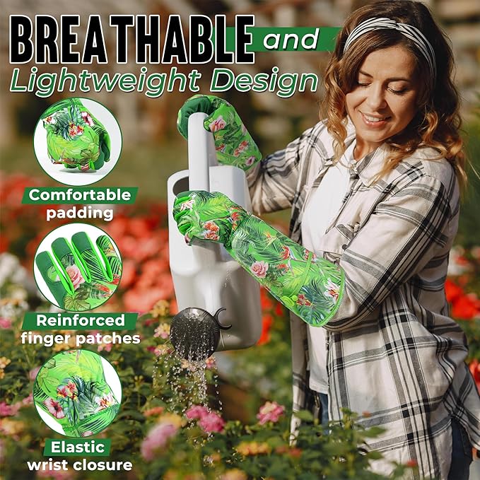 HANDLANDY Women Gardening Gloves, Thorn Proof Breathable Ladies Rose Pruning Long Gauntlet Floral Print Garden Yard Gloves, Gift for Gardeners (Green, M)