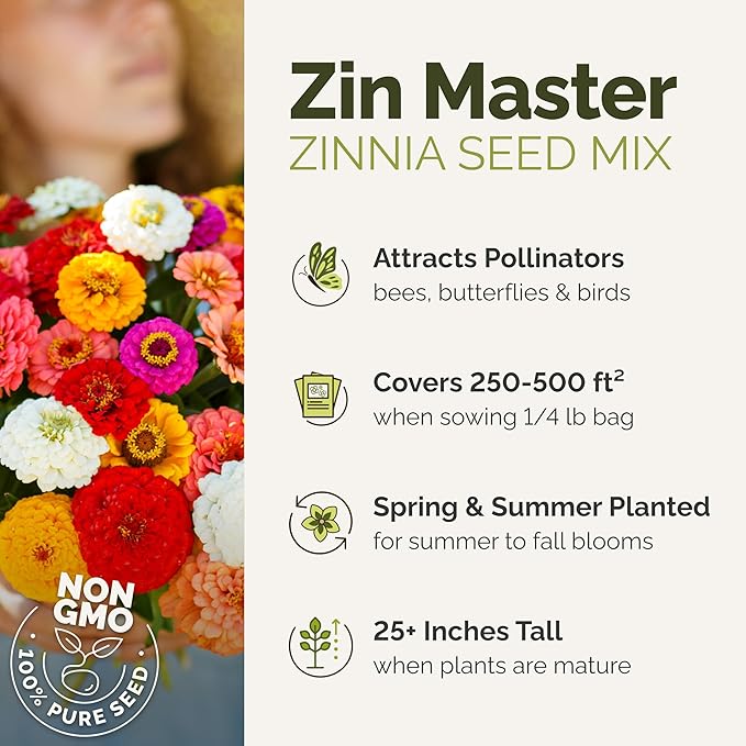 Eden Brothers Zin Master Flower Mixed Seeds for Planting, 1/4 lb, 120,000+ Seeds with California Giant, Mexican, Lilliput Zinnia | Attracts Pollinators, Plant in Spring, Zones 3, 4, 5, 6, 7, 8, 9, 10