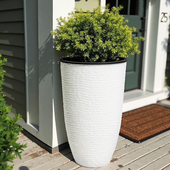WORTH Garden 2-Pack 21" H. White Tall Planters with Inside Pots - 14'' Dia Plastic Large Round Plant Tree Pots - Decorative Imitation Stone Finish for Indoor Outdoor Front Porch Container Patio