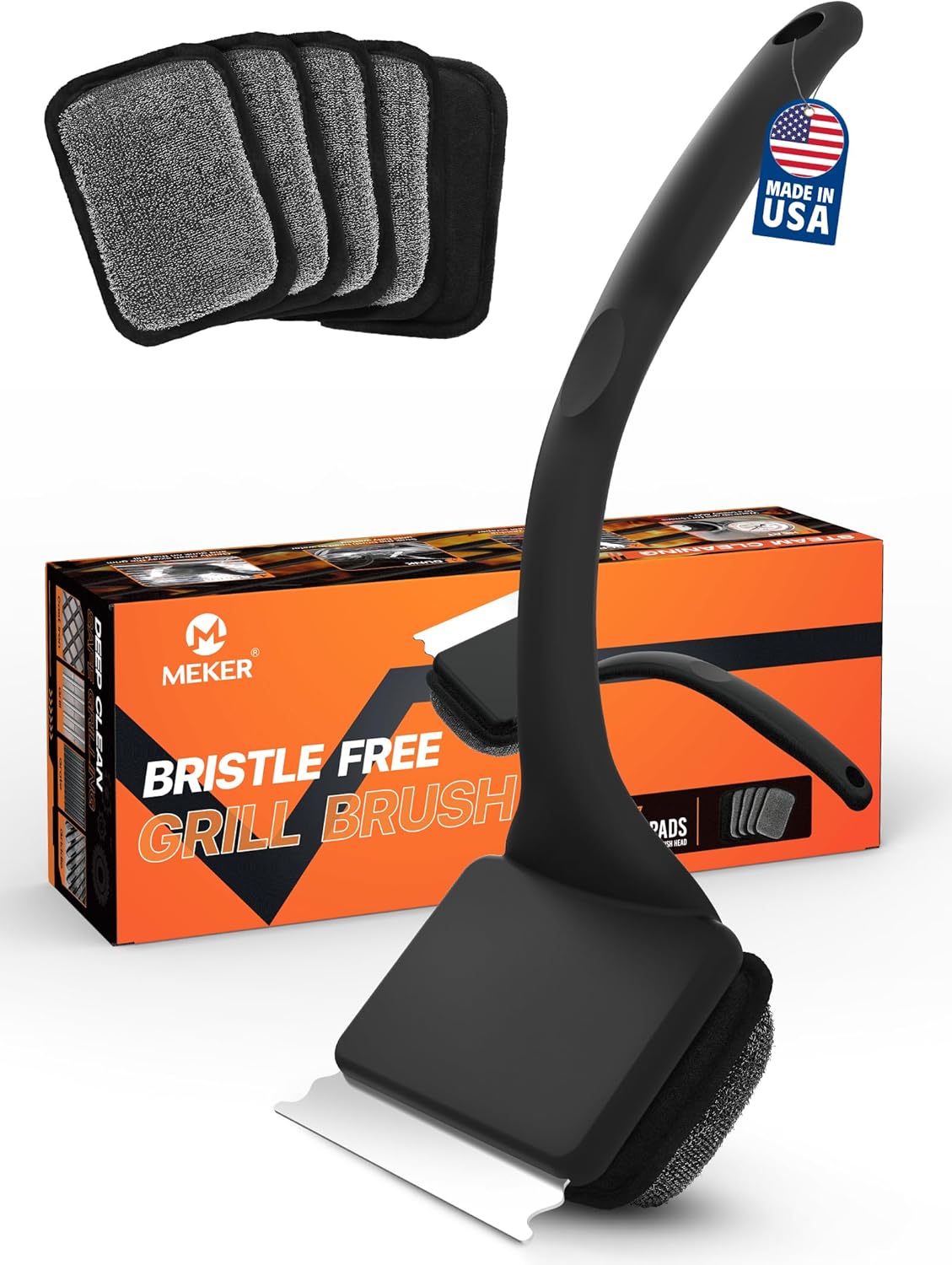 MEKER Grill Brush Bristle Free, Grill Cleaner Brush with 5 BBQ Replacement Head for Cast Iron, Stainless Steel Grates, Safe Grill Scraper Outdoor BBQ Grill, Black
