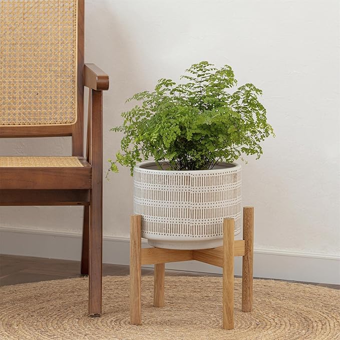 LA JOLIE MUSE Ceramic Plant Pot with Wood Stand - 9.4 Inch Modern Round Decorative Flower Pot Indoor with Wood Planter Holder, Beige & White