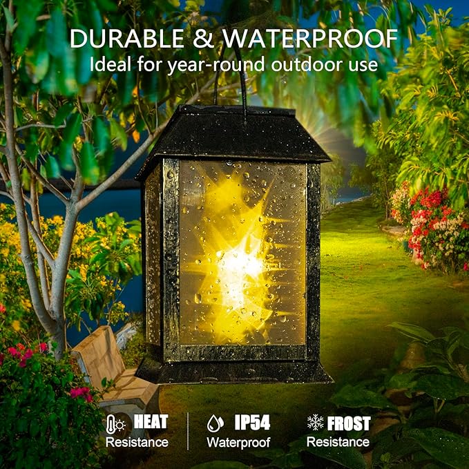 2 Pack Solar Lanterns Outdoor Waterproof, 3D Hanging Solar Lights, Type-C Rechargeable LED Pathway Lights with 2 Modes (Steady & Flashing), for Garden Decor, Patio, Yard, Camping