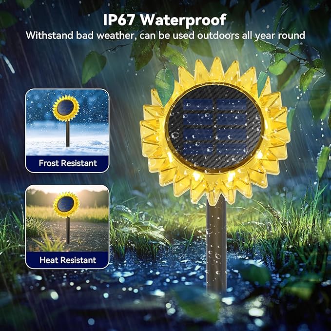 Hogni 4PK Solar Garden Lights, Ground Stake/Hang 2 in 1 Solar Sunflowers Outdoor Waterproof IP67, Outdoor Decor for Pathway Walkway Landscape Backyard Fence Decoration