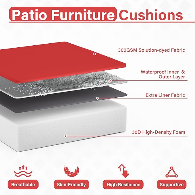 Patio Chair Cushions 22 X 22 X 4 Inch Waterproof Outdoor Seat Cushions for Patio Furniture, Outdoor Sofa Couch Pads with Ties & Handle, Set of 2, Red