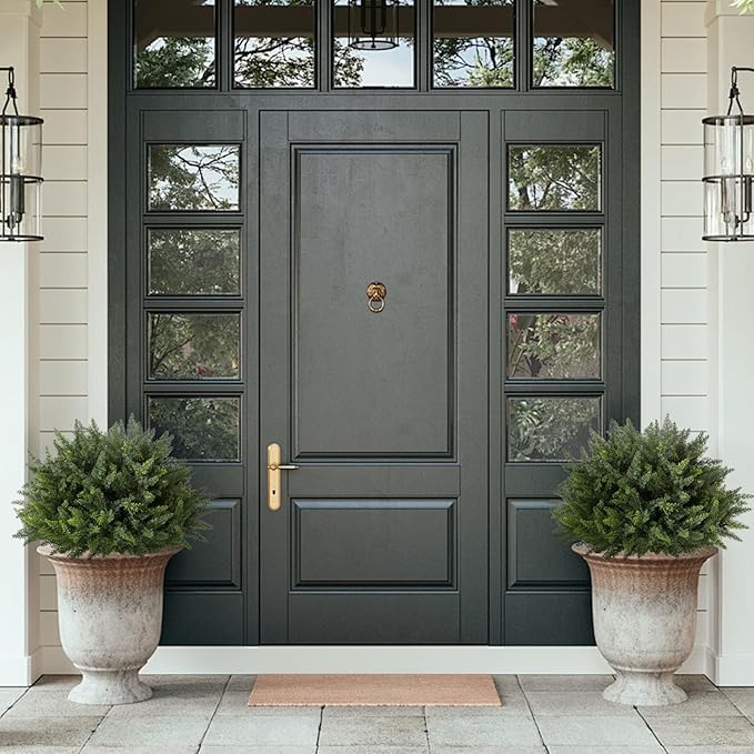 23.6Inch Artificial Cedar Topiary, 2 Pack UV Resistant Faux Evergreen Shrubs with Ground Spikes, Indoor Outdoor Potted Plants for Porch, Garden, Front Door Decor