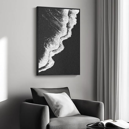 Framed Black and White Abstract Beach Canvas Wall Art, Modern Minimalist Art - Image 2