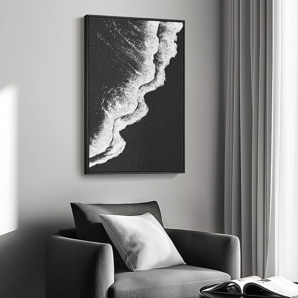 Framed Black and White Abstract Beach Canvas Wall Art, Modern Minimalist Art - Image 2