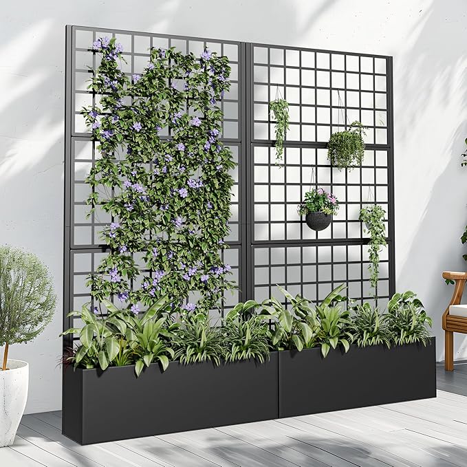 Casaphoria Metal Raised Garden Bed with Trellis and Wheels, 72"x35"x16" Planter Box for Climbing Plants, Vegetables & Vines, Features Drainage Holes and Privacy Screen (Black-Grid)