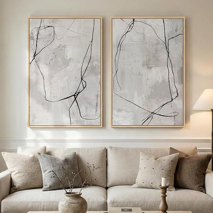 Large Framed Neutral Line Abstract Wall Art Set of 2 by MXART