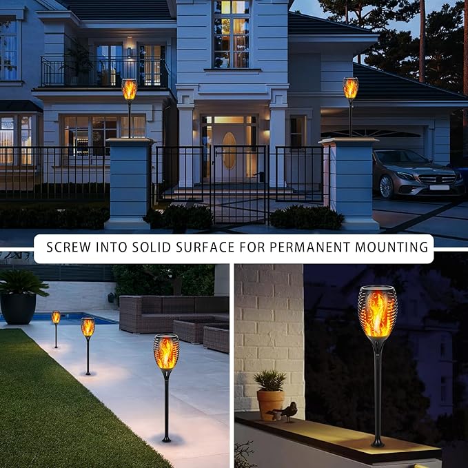 I-SHUNFA 96 LED Outdoor Waterproof Solar Torch Lights with 3 Modes—Flickering Flame, Fade Effect, or Full Brightness Automatic On/Off Landscape Decorations and Security Lights (4, Warm)