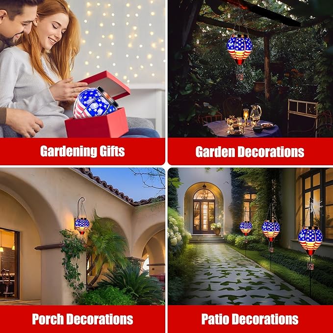 2 Pack Solar Hot Air Balloon Lantern with Flame, Hot Air Balloon Christmas Halloween Outdoor Decorations for Garden Decor, Glass Large Hanging Outdoor Decor,Solar Lantern Waterproof, Flag Decorations