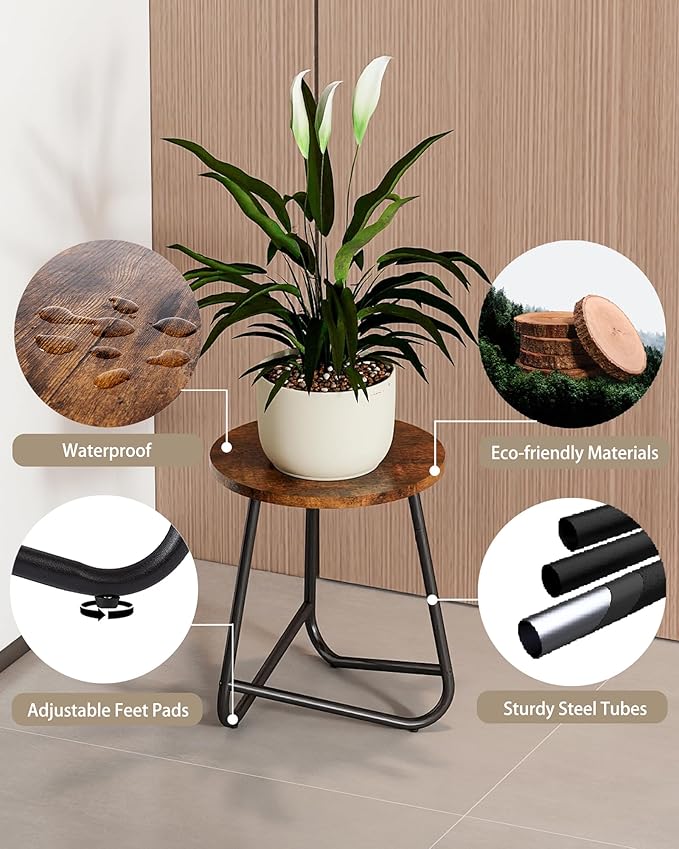 Indoor Plant Stand,Mid Century Wood Stand Plant Table,Modern Plant Stool for Outdoor,Metal Tall Holder for Flower Pots,Small Round Side End Table (Rustic Brown, 15 inch set of 2)