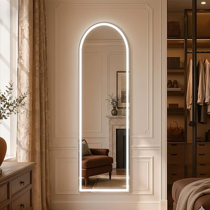 Arched Full Length Mirror with LED Lights, Body Floor Mirrors with Dimming & 3 - Image 5