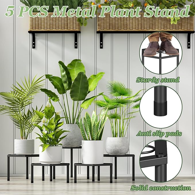 Small Metal Plant Stand indoor - 5 Pack Black Short Flower Pot Stand, Heavy Duty Anti-Rust Iron Shelf for Outdoor Home Patio Garden