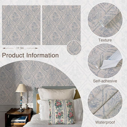 Toduso Peel and Stick Wallpaper Vintage Wall Paper Boho Contact Paper Blue - Image 5