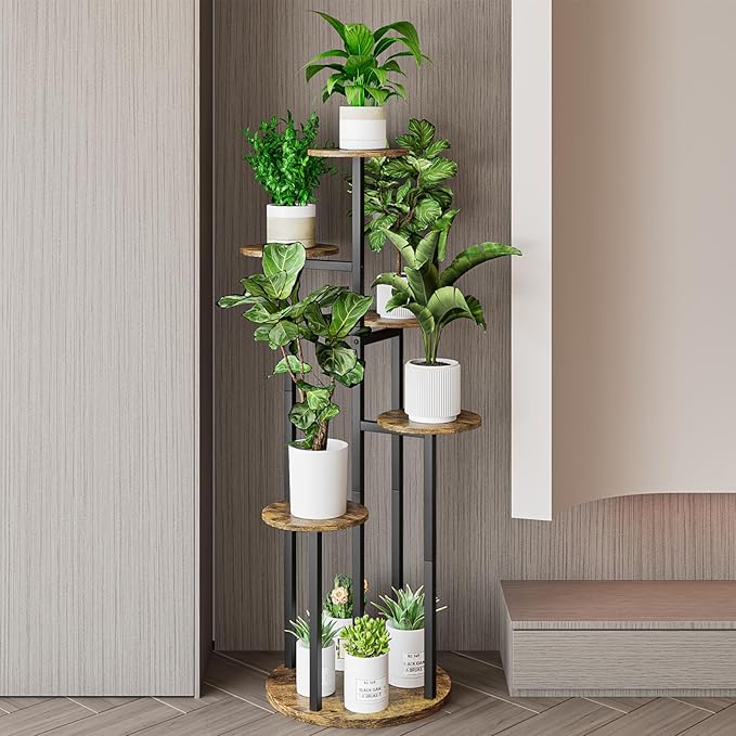 Plant Stand Indoor 6 Tier 9 Potted Multiple Flower Pot Holder for Patio Garden Balcony Living Room Corner (6 Tier Black+Rustic Brown)
